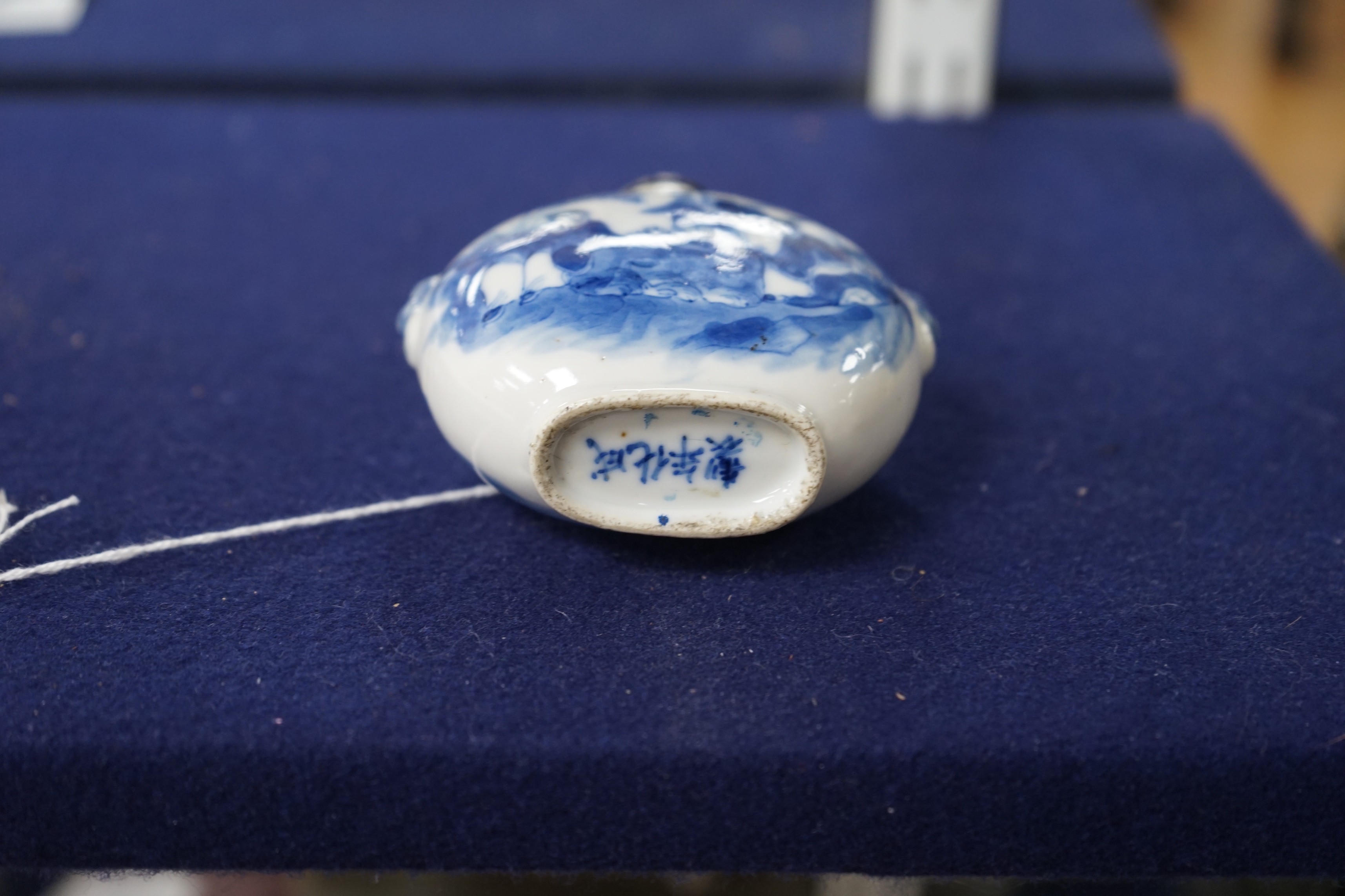 A large Chinese blue and white ‘scholars’ snuff bottle, 19th century, 9 cm high excluding later stopper